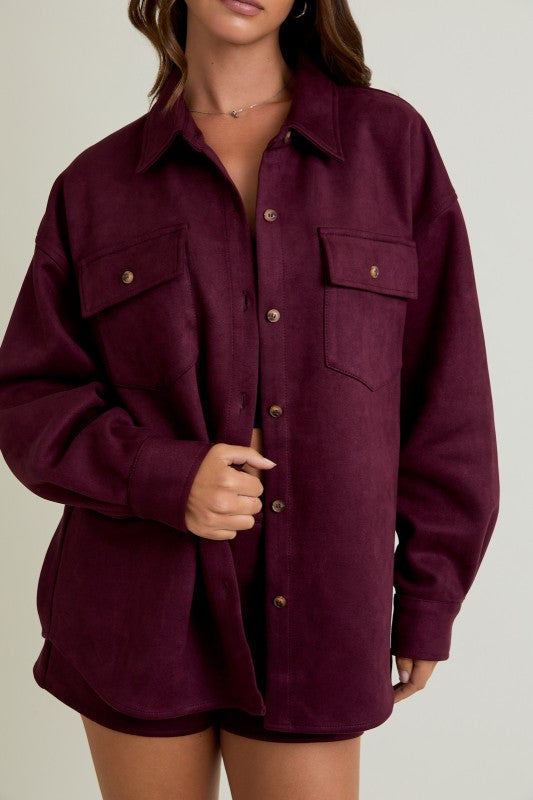 Burgundy Long Sleeve Oversized Suede Shacket
