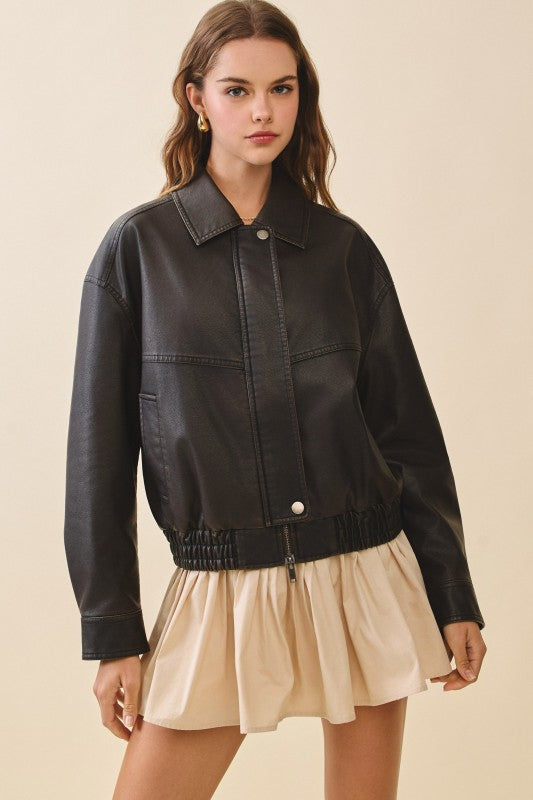 Brown Faux Leather Zipper Front Jacket