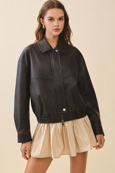 Brown Faux Leather Zipper Front Jacket