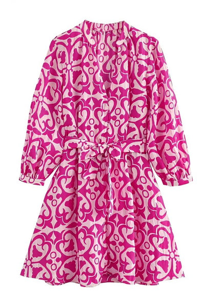 Hot Pink Long Sleeve Belted Mini Dress