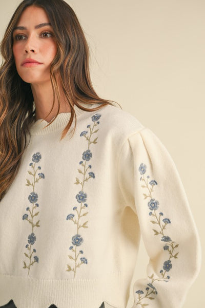 Floral Embroidered Scalloped Sweater