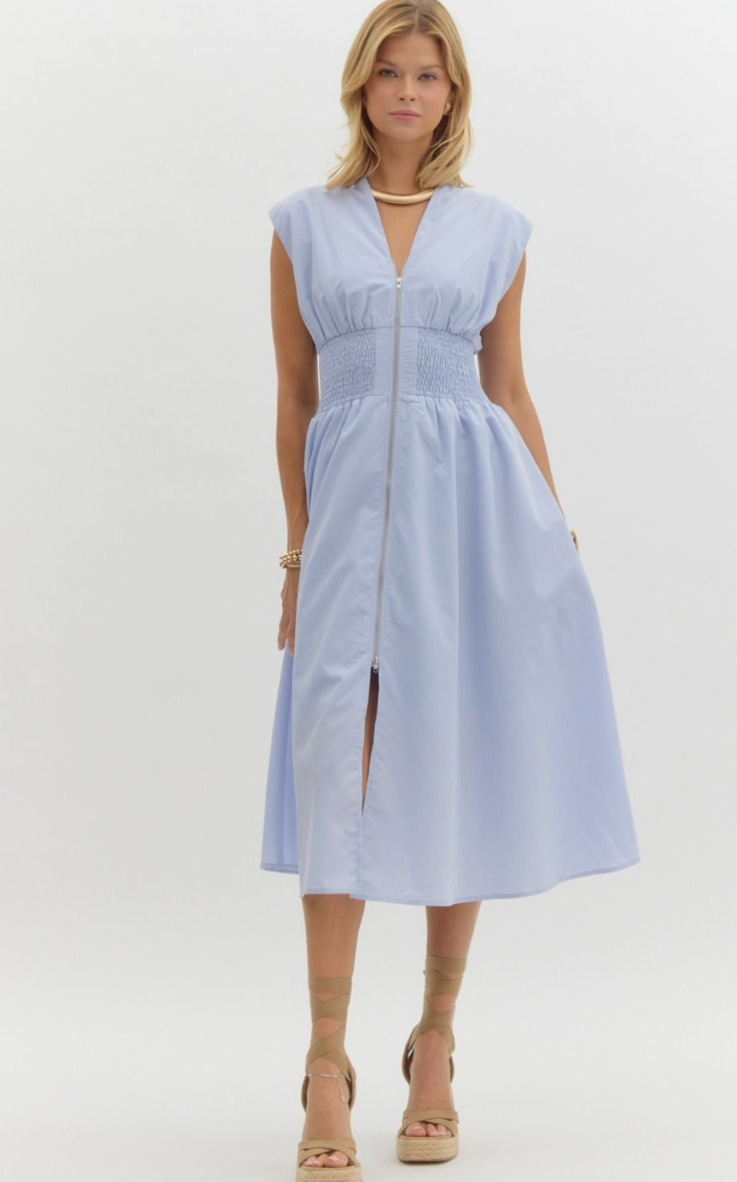 Cinched Waist Midi Dress- Baby Blue