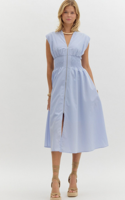 Cinched Waist Midi Dress- Baby Blue