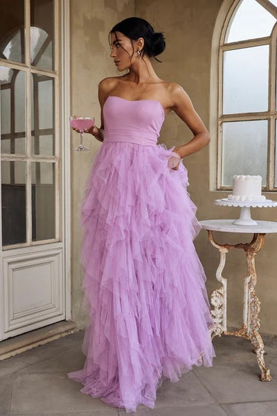 Purple Strapless Tulle Maxi Dress