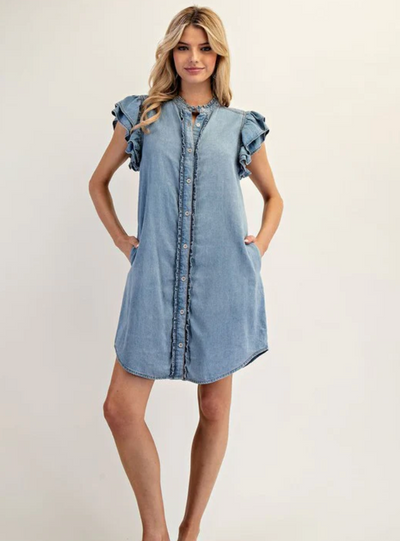 Ruffle Sleeve Denim Button Down Dress