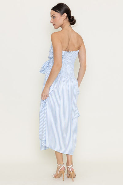 Blue Strapless Bow Tie Striped Midi Dress
