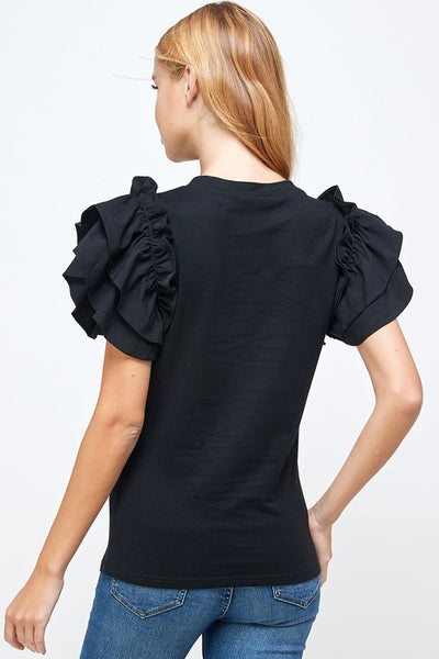 Flutter Ruffle Sleeve  Game Day Top- Black