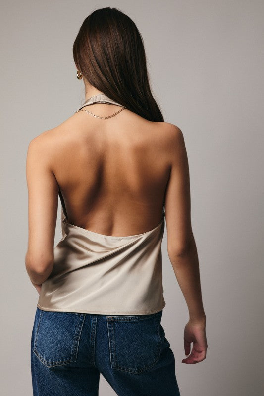 High Cowl Neck Halter Satin Top