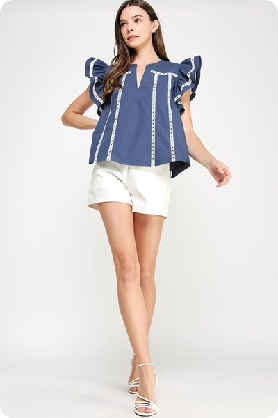 Lace Trim Detail Top- Navy