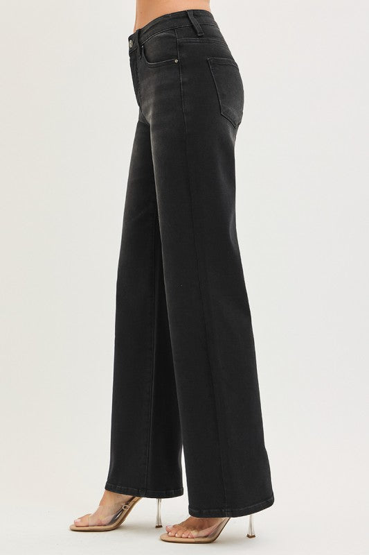 Black Tummy Control High Rise Wide Leg Jeans