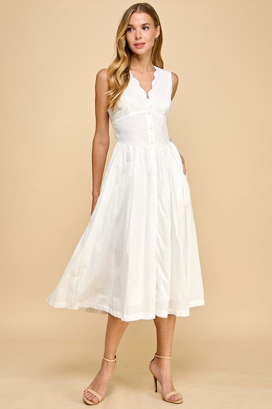 White Fitted Waist Midi Dress