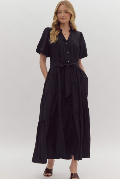 V-Neck Puff Sleeve Button Down Maxi Dress- Black