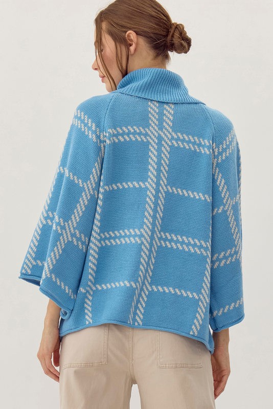 Blue Plaid Turtleneck Sweater