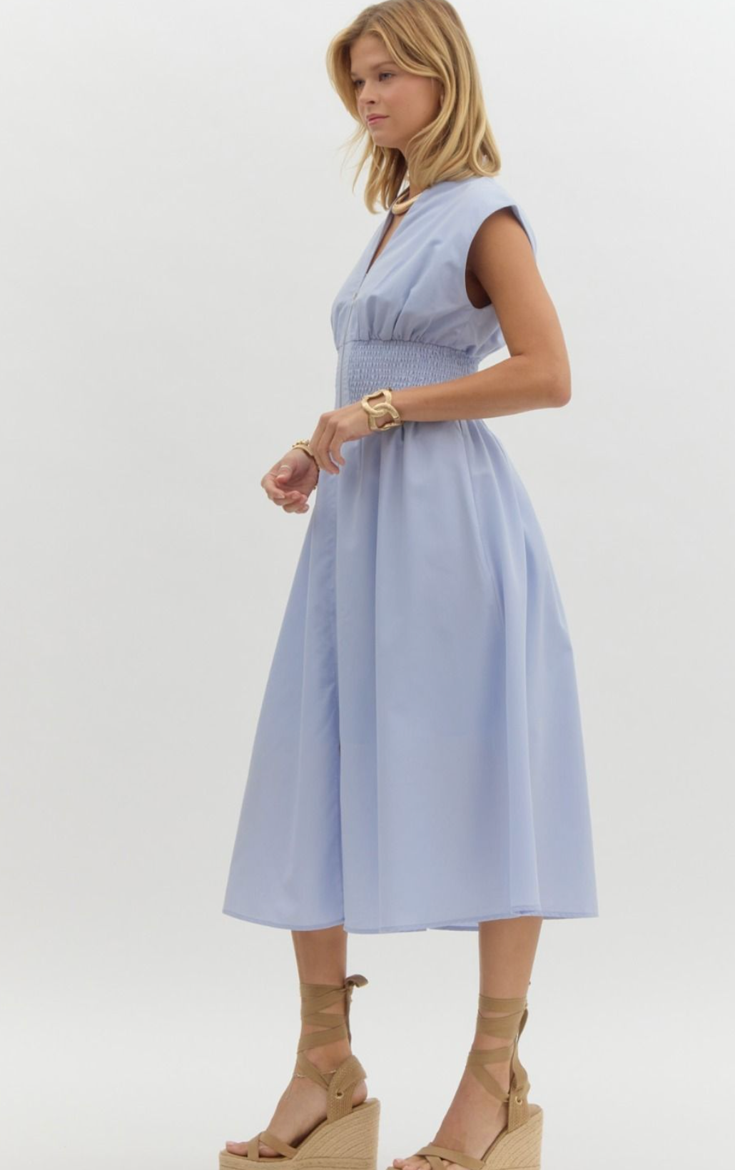 Cinched Waist Midi Dress- Baby Blue