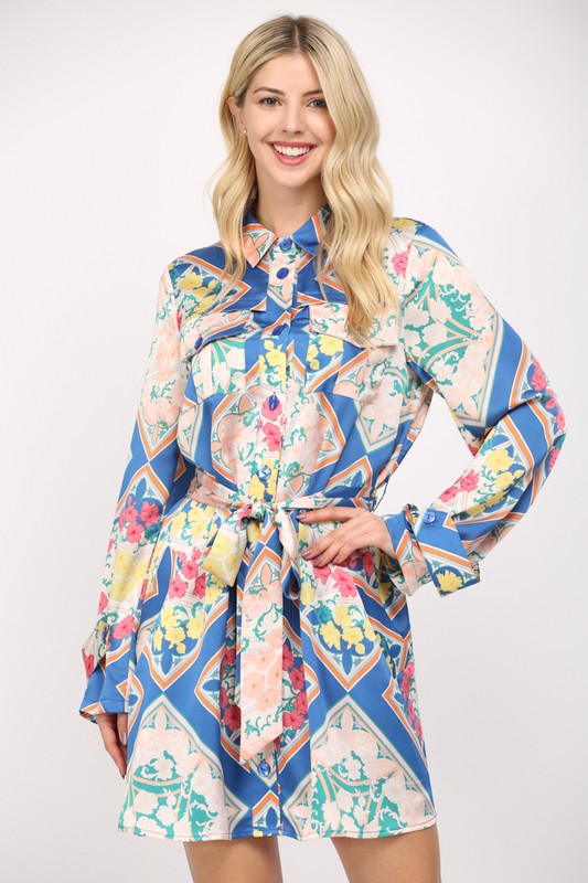 Scarf Print Dress- Blue Multi