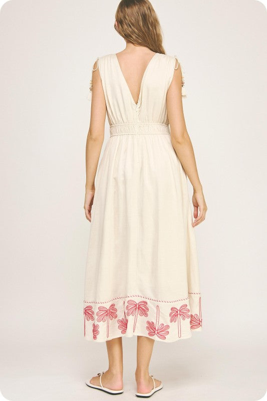 Linen Palm Tree Embroidered Dress