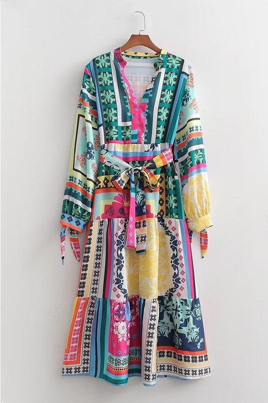 Patchwork Print Midi Length Dress