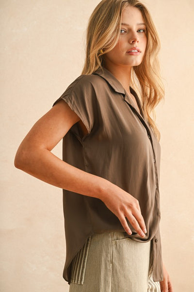 Button Down Cap Sleeve Top- Coffee