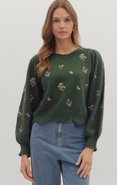 Hunter Green Floral Sweater
