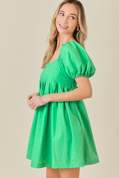 Puff Sleeve Summer Green Pleated Dress