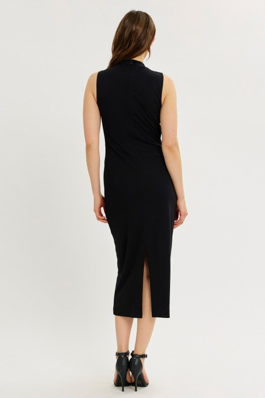 Black High Neck Draped Midi Dress