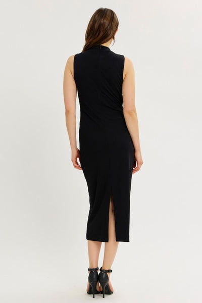 Black High Neck Draped Midi Dress