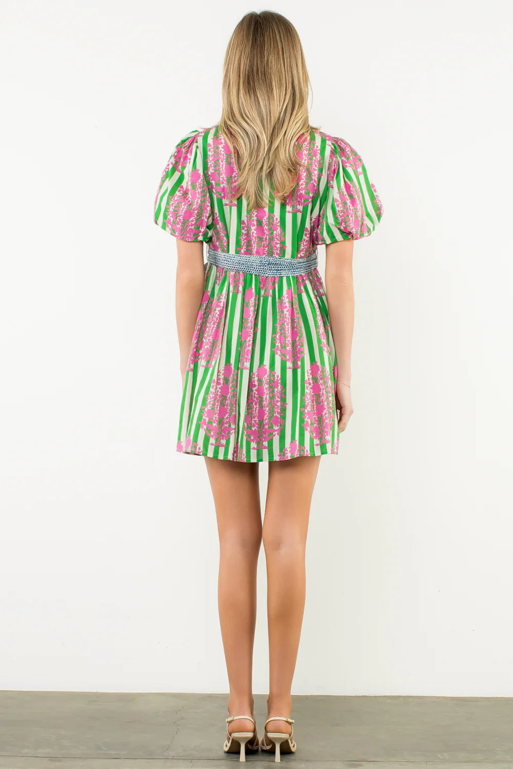Contrast Tie Waist Puff Sleeve Dress