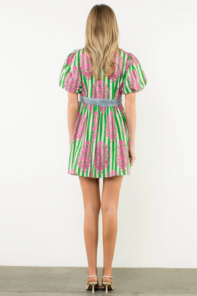Contrast Tie Waist Puff Sleeve Dress