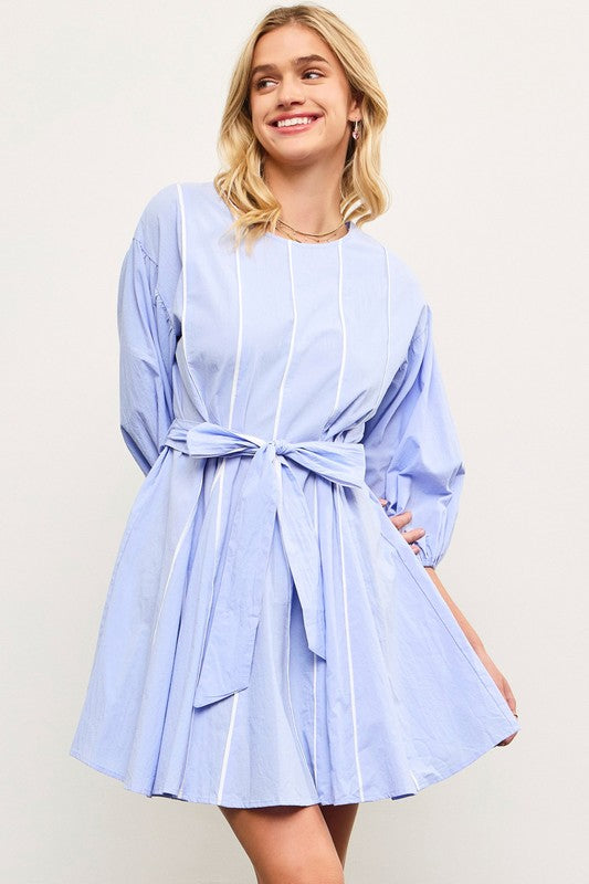 Open Pleat Fare Dress with White Piping-Periwinkle