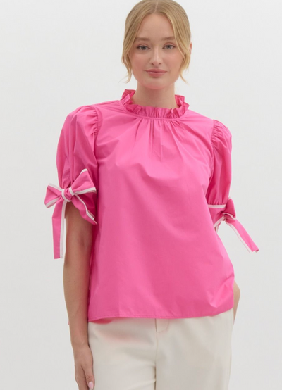 Bow Cuff Statement Top- Hot Pink