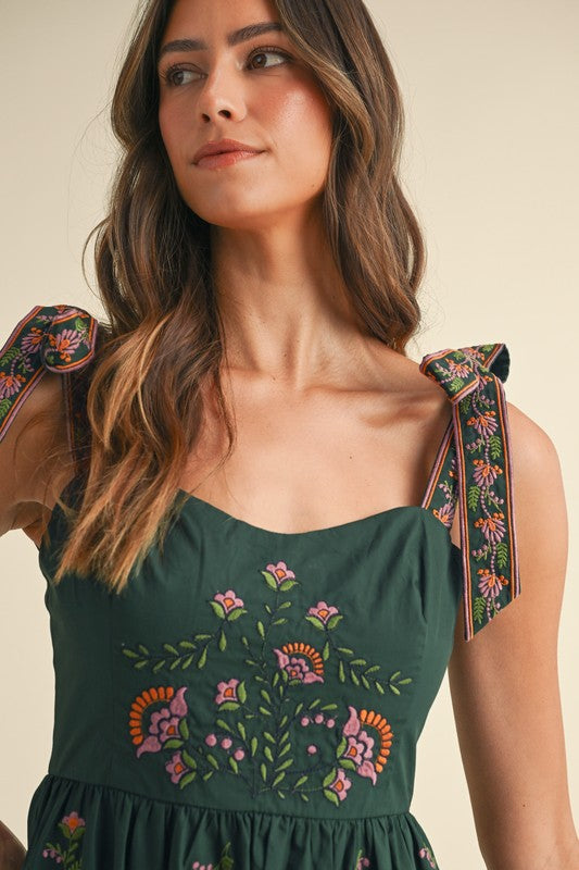 Hunter Green Embroidered Tiered Maxi Dress