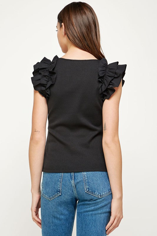 Poplin Ruffle Sleeve Detail Top- Black