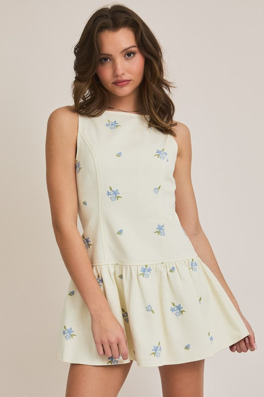 Cream and Blue Embroidered Sleeveless Dress