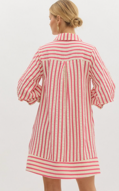 Pink Striped Seersucker Long Sleeve Mini Dress