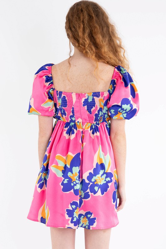 Bold Flower Print Mini Dress- Pink
