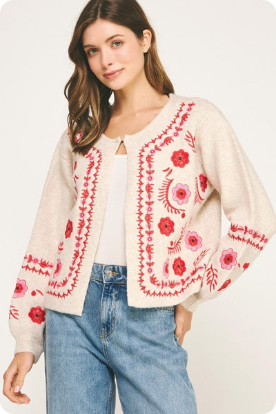 Embroidered Sweater Cardigan- Taupe/Red