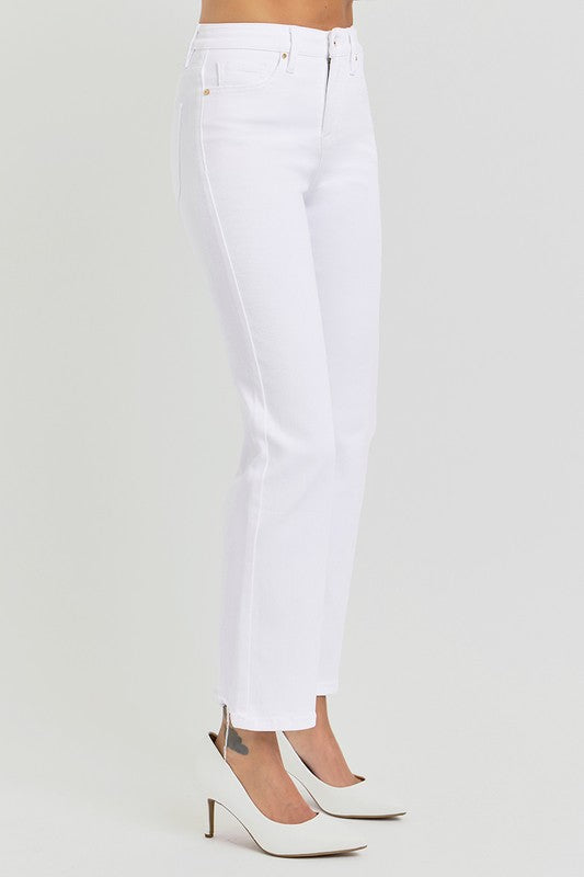 Tummy Control High Rise Crop Straight Jean- White