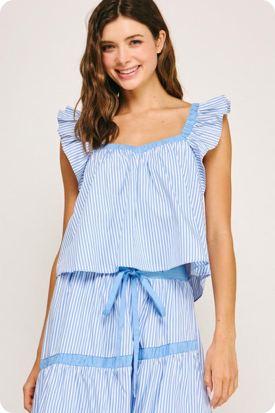 Baby Blue Contrast Detail Stripe Top
