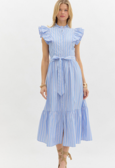 Blue Striped Flutter Sleeve Midi Dress