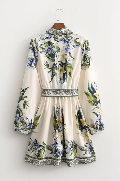 Floral Contrast Print Belted Dress