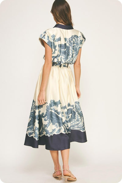 Border Print Satin Midi Dress- Ivory/Navy