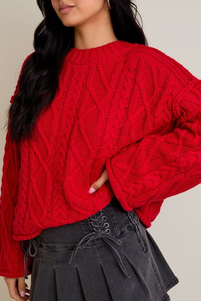 Red Oversized Cable Knit Sweater