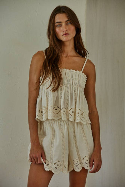 Cream Eyelet Elastic Waist Shorts