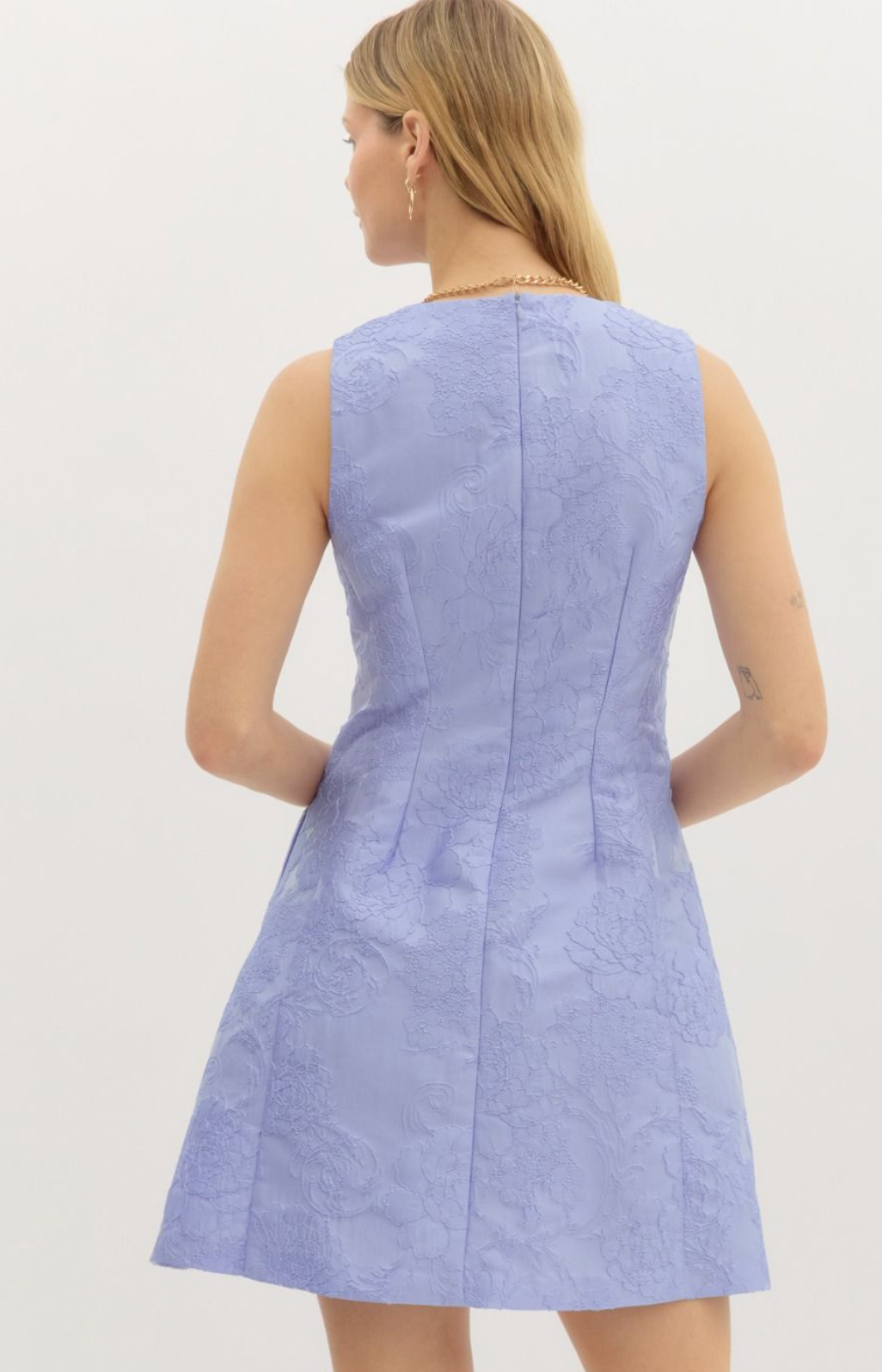 Blue Floral Jacquard Sleeveless Mini Dress