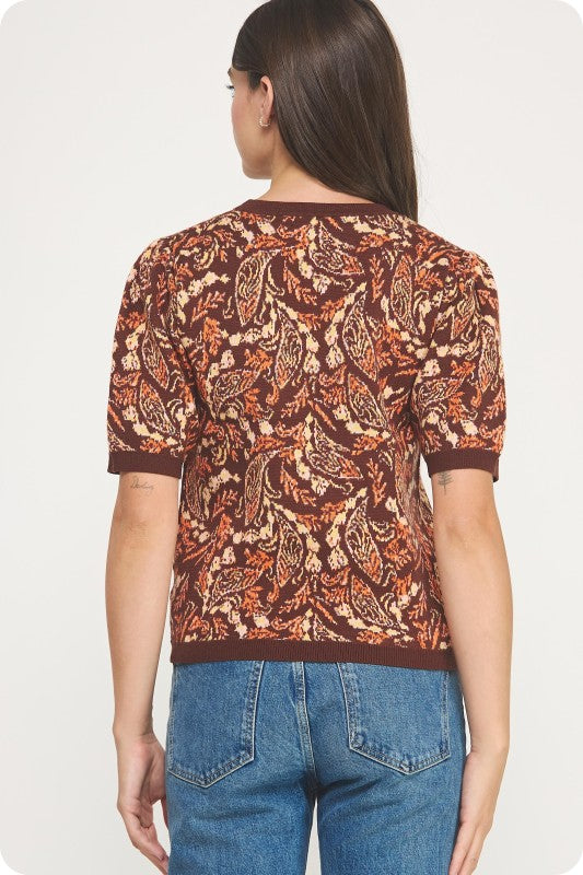 Brown Paisley Intarsia Knit Top