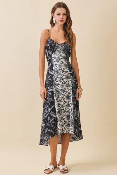 Black Contrast Floral Panel Midi Dress