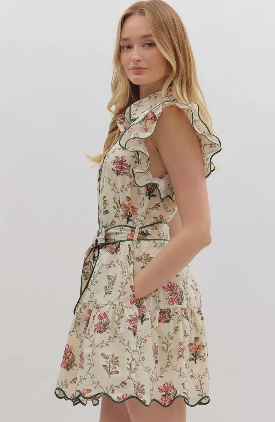 Cream Floral Scalloped Ruffle Sleeve Dress
