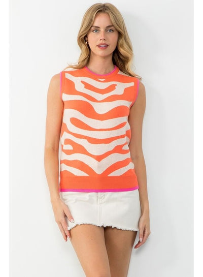 Sleeveless Zebra Print Orange Sweater