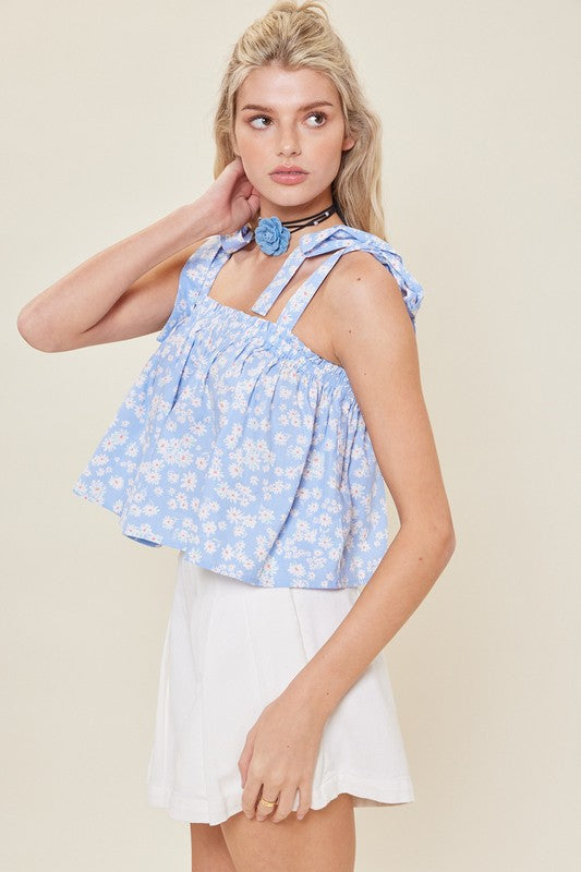 Blue Floral Print Shoulder Strap Cotton Top