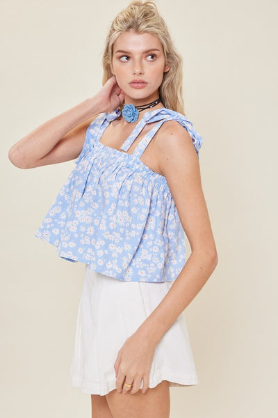 Blue Floral Print Shoulder Strap Cotton Top